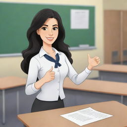 A high-definition cartoon of a cute, short, 25-year-old white female teacher with wavy long black hair, dressed stylishly, teaching in a classroom