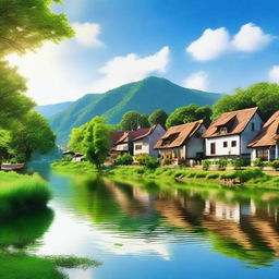 A picturesque village nestled beside a serene river, with a cinematic view capturing the charm of the countryside