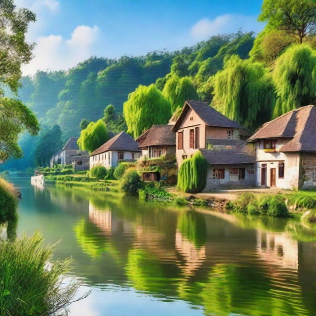 A picturesque village nestled beside a serene river, with a cinematic view capturing the charm of the countryside