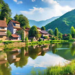 A picturesque village nestled beside a serene river, with a cinematic view capturing the charm of the countryside