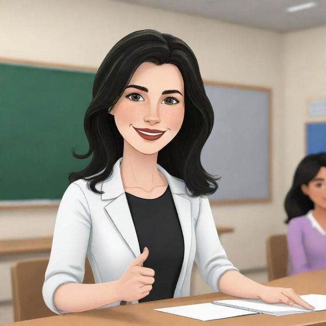 A high-definition cartoon of a cute, short, 25-year-old white female teacher with wavy long black hair, dressed stylishly, teaching in a classroom