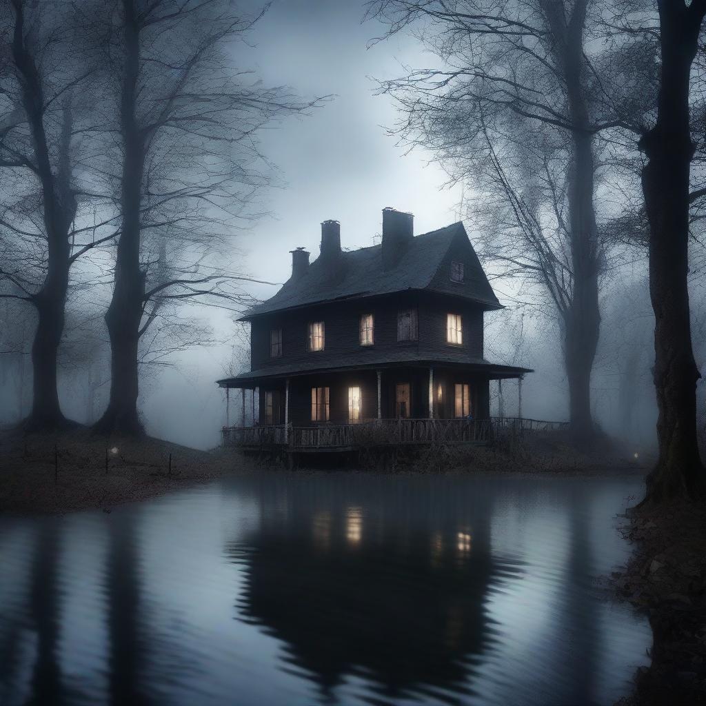 A haunted house situated deep within a dense forest, with a serene river flowing nearby