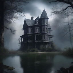 A haunted house situated deep within a dense forest, with a serene river flowing nearby