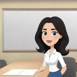 A high-definition cartoon of a cute, short, 25-year-old white female teacher with wavy long black hair, dressed stylishly, teaching in a classroom