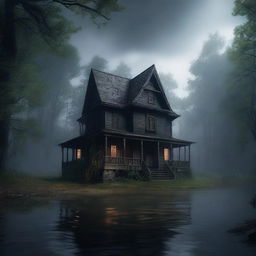 A haunted house situated deep within a dense forest, with a serene river flowing nearby