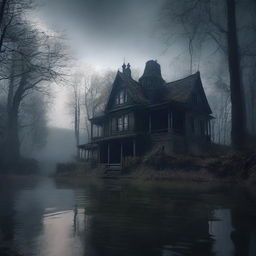 A haunted house situated deep within a dense forest, with a serene river flowing nearby