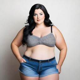 A thick, curvy woman with blue eyes and black hair, wearing shorts and a bra