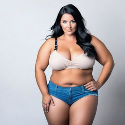 A thick, curvy woman with blue eyes and black hair, wearing shorts and a bra