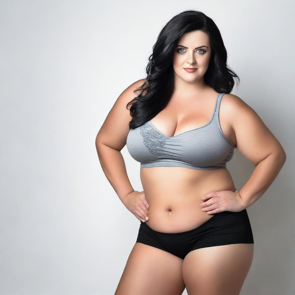 A thick, curvy woman with blue eyes and black hair, wearing shorts and a bra