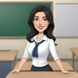 A high-definition cartoon of a cute, short, 25-year-old white female teacher with wavy long black hair, dressed stylishly, teaching in a classroom