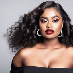 A slim and curvy woman with prominent features, wearing red matte lipstick