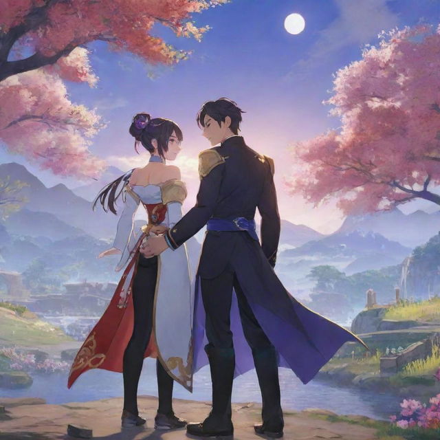 Two characters from the game 'Genshin Impact' portrayed as a loving couple, holding hands, immersed in the vibrant, magical world of the game surrounding them.