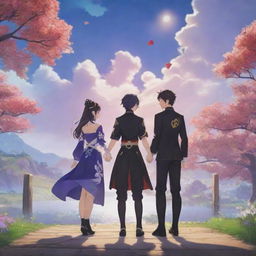 Two characters from the game 'Genshin Impact' portrayed as a loving couple, holding hands, immersed in the vibrant, magical world of the game surrounding them.