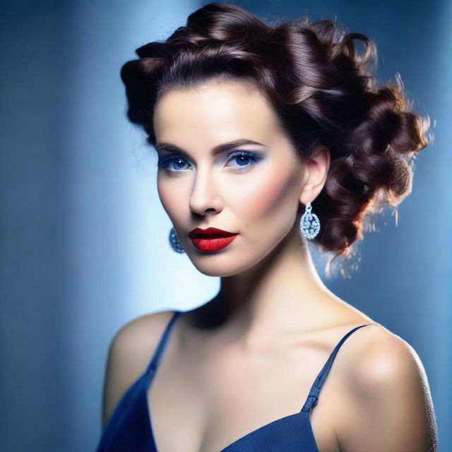 A brunette woman with red lipstick, styled with a hair bun and side ringlets, and blue shades in her hair