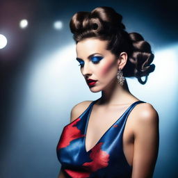 A brunette woman with red lipstick, styled with a hair bun and side ringlets, and blue shades in her hair