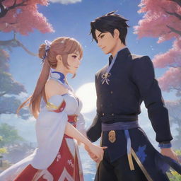 Two characters from the game 'Genshin Impact' portrayed as a loving couple, holding hands, immersed in the vibrant, magical world of the game surrounding them.