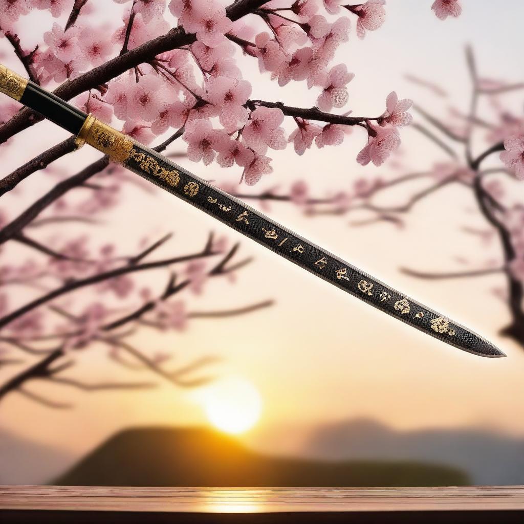 A detailed image of a katana with intricate Japanese letters carved into the blade