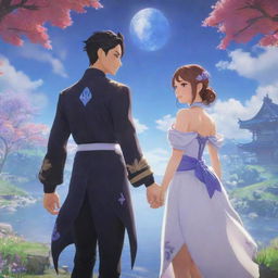 Two characters from the game 'Genshin Impact' portrayed as a loving couple, holding hands, immersed in the vibrant, magical world of the game surrounding them.