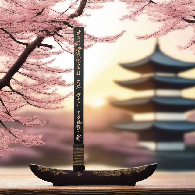 A detailed image of a katana with intricate Japanese letters carved into the blade