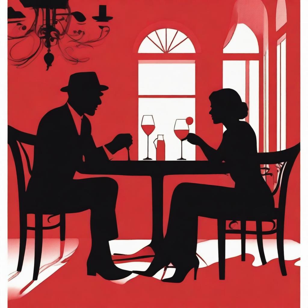 Create an image featuring two silhouette figures, recognizable as detectives, immersed in a romantic dinner at an upscale restaurant