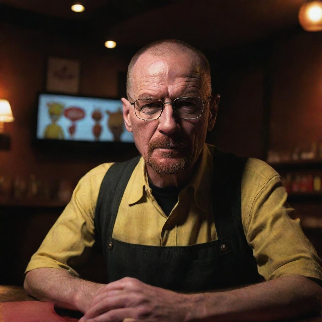 Walter White from Breaking Bad in the vibrant setting of Freddy Fazbear's pizzeria from Five Nights at Freddy's, displaying an intrigued expression as he explores the unusual environment.