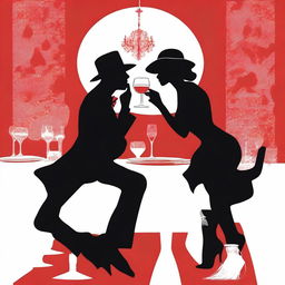 Create an image featuring two silhouette figures, recognizable as detectives, immersed in a romantic dinner at an upscale restaurant