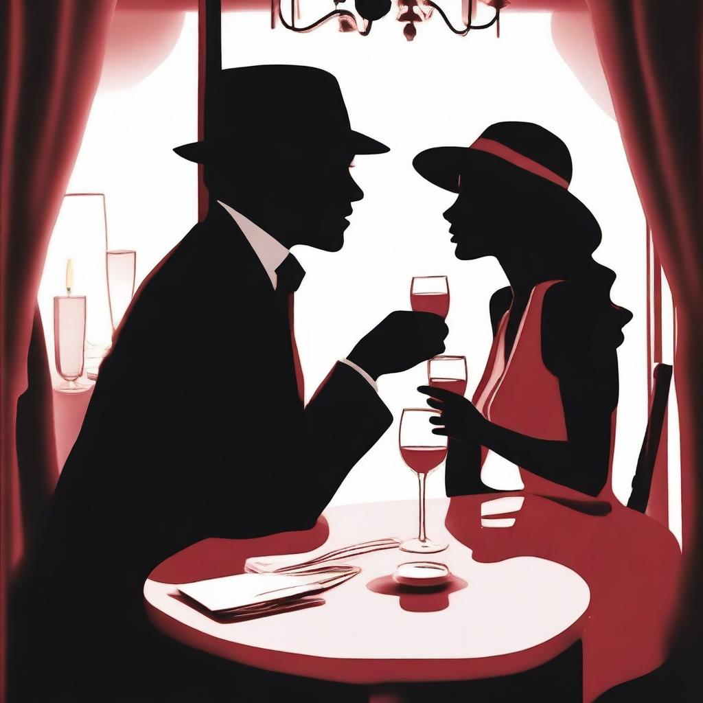 Create an image featuring two silhouette figures, recognizable as detectives, immersed in a romantic dinner at an upscale restaurant