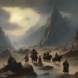 An epic scene depicting a long and arduous migration to a distant land, with weary travelers and few survivors