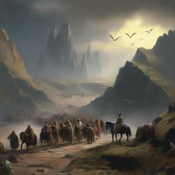 An epic scene depicting a long and arduous migration to a distant land, with weary travelers and few survivors