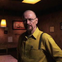 Walter White from Breaking Bad in the vibrant setting of Freddy Fazbear's pizzeria from Five Nights at Freddy's, displaying an intrigued expression as he explores the unusual environment.