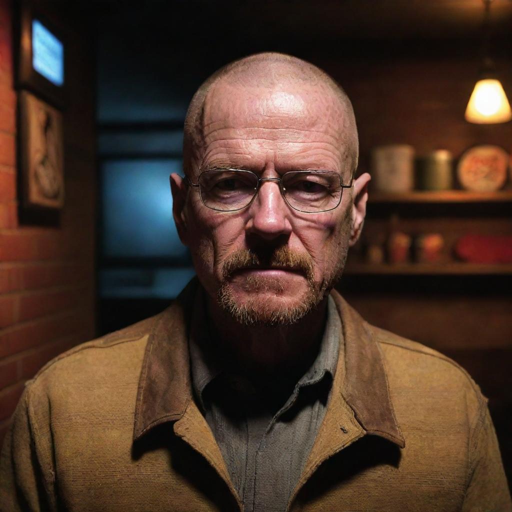 Walter White from Breaking Bad in the vibrant setting of Freddy Fazbear's pizzeria from Five Nights at Freddy's, displaying an intrigued expression as he explores the unusual environment.