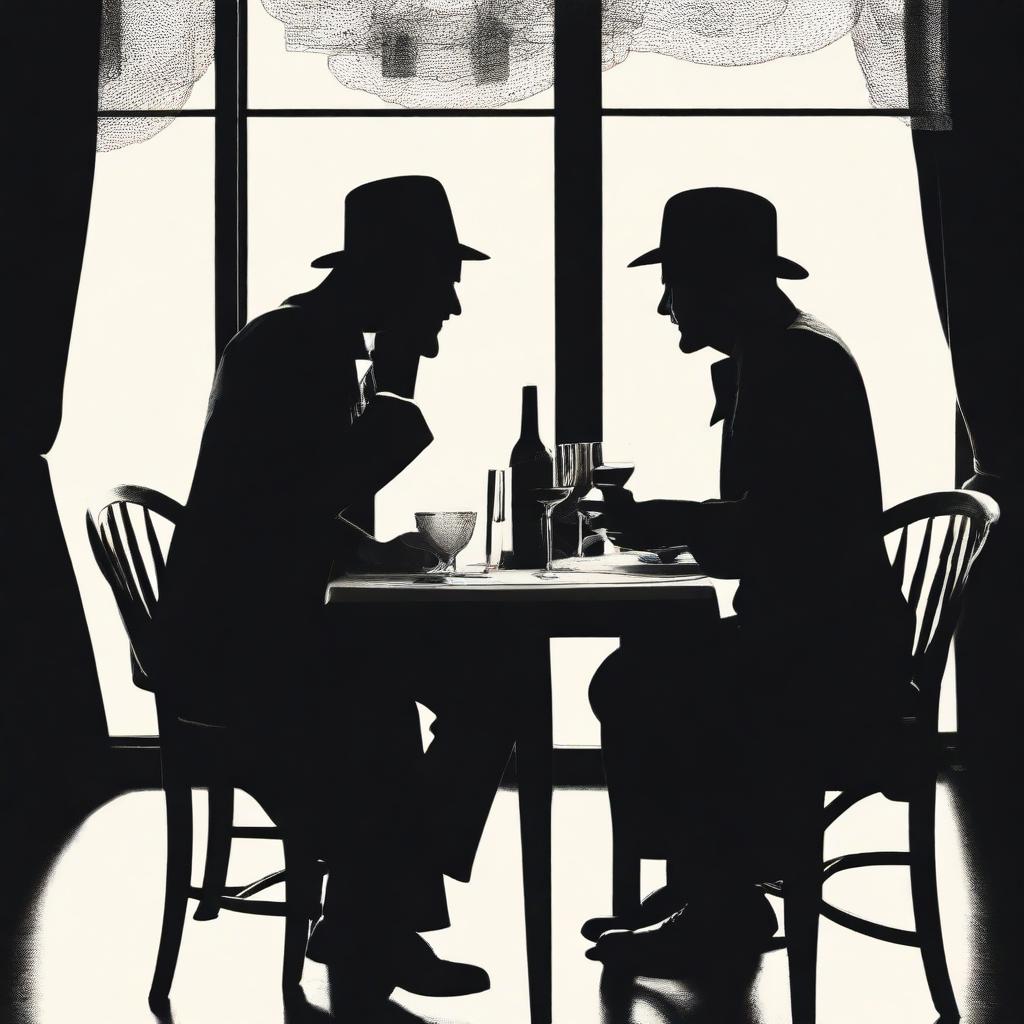 Create an image featuring two silhouette figures, recognizable as detectives, immersed in a romantic dinner at an upscale restaurant