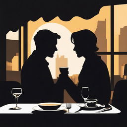 Create an image featuring two silhouette figures, recognizable as detectives, immersed in a romantic dinner at an upscale restaurant