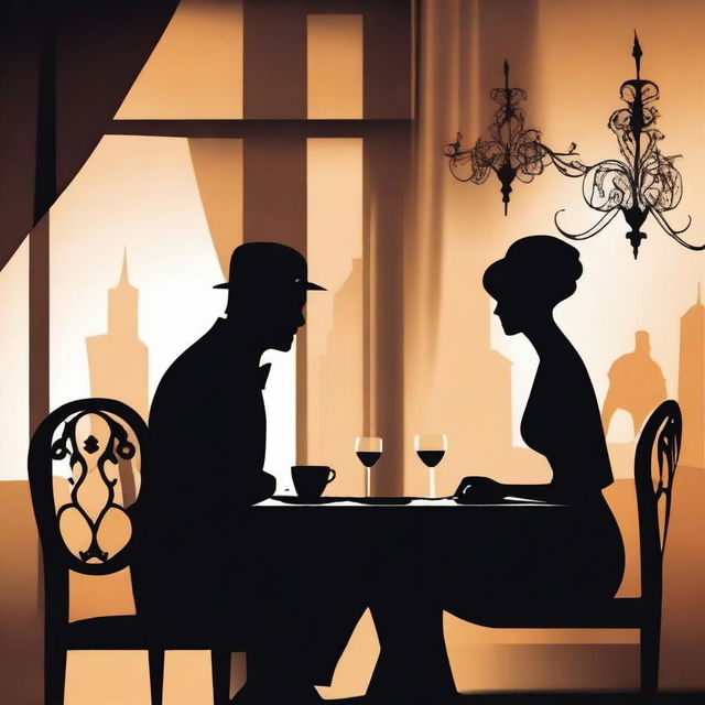 Create an image featuring two silhouette figures, recognizable as detectives, immersed in a romantic dinner at an upscale restaurant