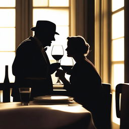 Create an image featuring two silhouette figures, recognizable as detectives, immersed in a romantic dinner at an upscale restaurant