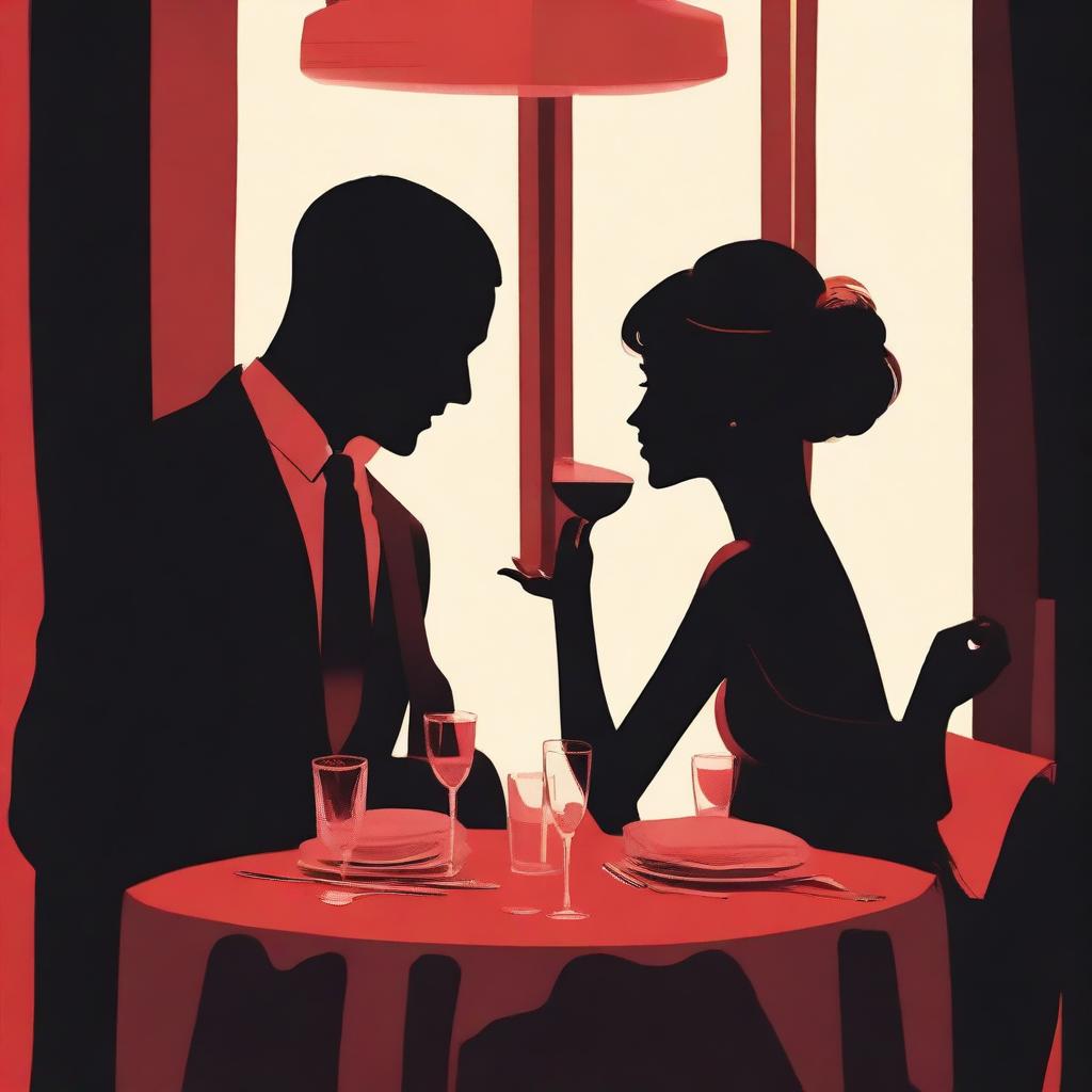 Two silhouette figures, recognizable as detectives, are immersed in a romantic dinner at an upscale restaurant