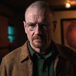 Walter White from Breaking Bad in the vibrant setting of Freddy Fazbear's pizzeria from Five Nights at Freddy's, displaying an intrigued expression as he explores the unusual environment.