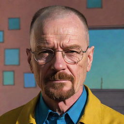 Walter White from Breaking Bad transported into a vibrant cartoon world, his typically serious demeanor contrasting with the colorful, exaggerated surroundings and characters.