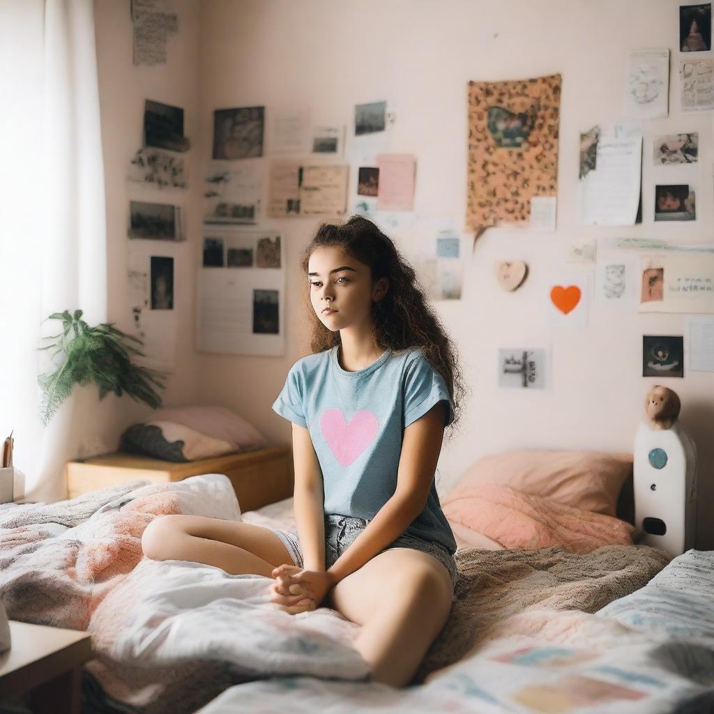 A teenage girl is in her bedroom, holding her chest with her hands