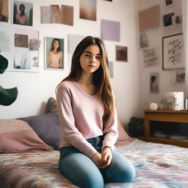 A teenage girl is in her bedroom, holding her chest with her hands