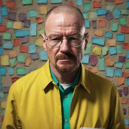 Walter White from Breaking Bad transported into a vibrant cartoon world, his typically serious demeanor contrasting with the colorful, exaggerated surroundings and characters.