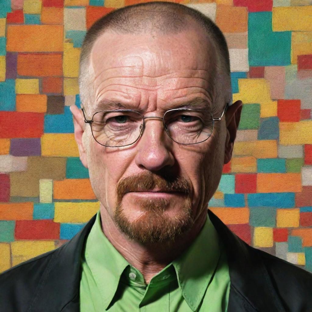 Walter White from Breaking Bad transported into a vibrant cartoon world, his typically serious demeanor contrasting with the colorful, exaggerated surroundings and characters.