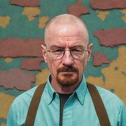 Walter White from Breaking Bad transported into a vibrant cartoon world, his typically serious demeanor contrasting with the colorful, exaggerated surroundings and characters.