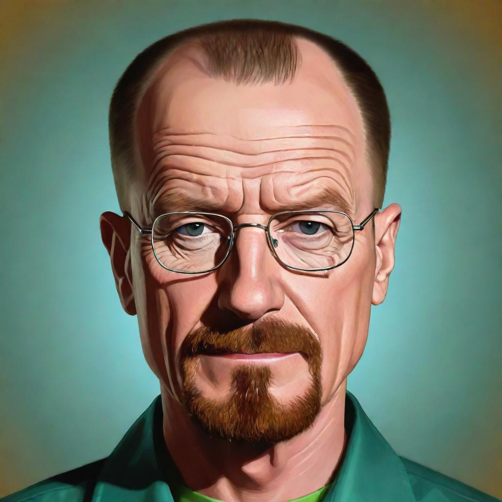 A cartoon rendition of Walter White from Breaking Bad, presenting his distinct features and style in a stylized, exaggerated, and colorful form, maintaining his recognizable essence.