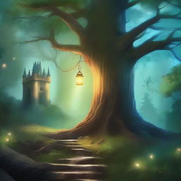 A captivating story cover page featuring a mystical forest with towering ancient trees, glowing fireflies, and a hidden path leading to an enchanted castle in the distance