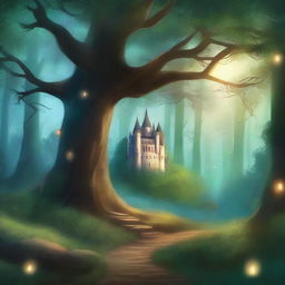 A captivating story cover page featuring a mystical forest with towering ancient trees, glowing fireflies, and a hidden path leading to an enchanted castle in the distance