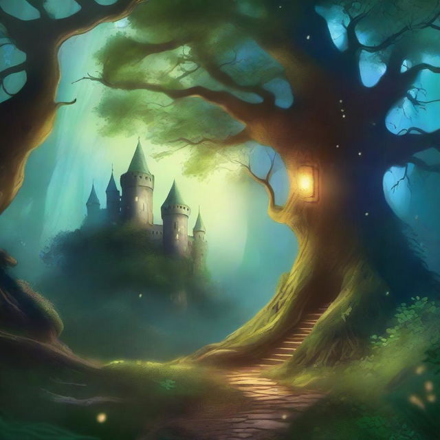 A captivating story cover page featuring a mystical forest with towering ancient trees, glowing fireflies, and a hidden path leading to an enchanted castle in the distance