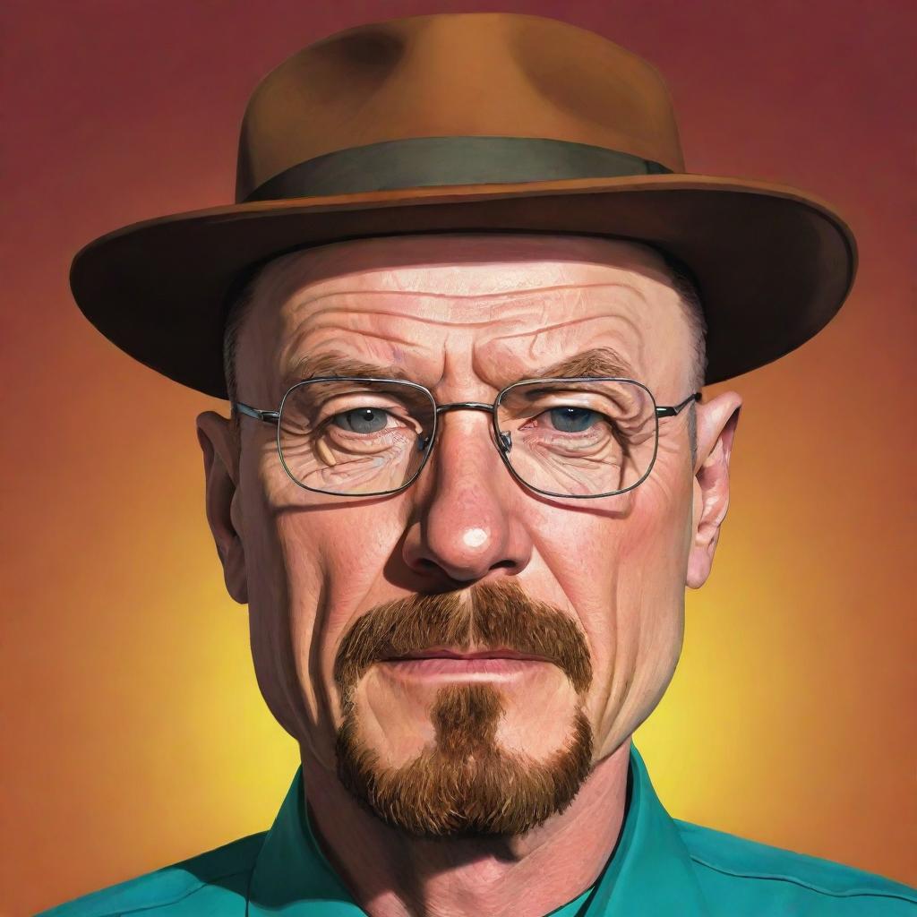 A cartoon rendition of Walter White from Breaking Bad, presenting his distinct features and style in a stylized, exaggerated, and colorful form, maintaining his recognizable essence.