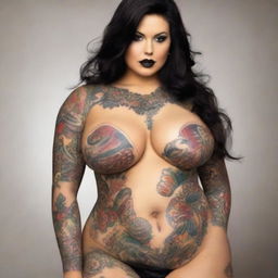 An artistic portrayal of a curvy woman with a slim waist, shirtless but tastefully covered, showcasing a tattoo over her chest