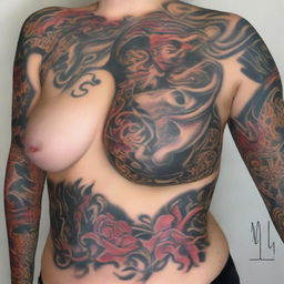 An artistic portrayal of a curvy woman with a slim waist, shirtless but tastefully covered, showcasing a tattoo over her chest